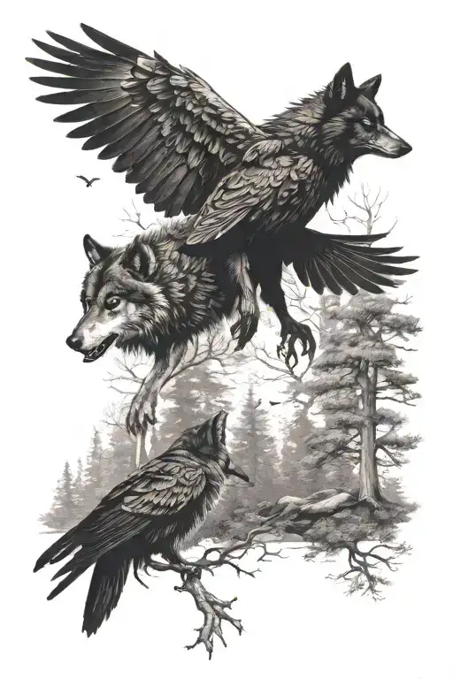wolf coming out of woods and a raven flying up from behind it tattoo design idea