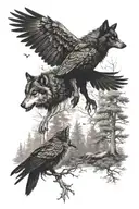 wolf coming out of woods and a raven flying up from behind it tattoo design idea