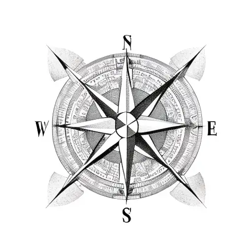A compass rose with a guitar neck pointing towards a mountain range tattoo design idea