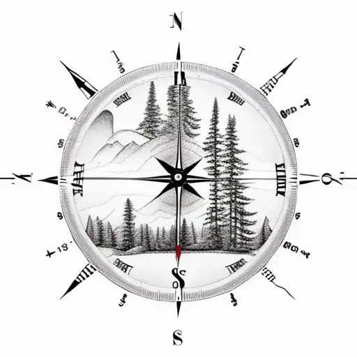 a compass, clock, and hourglass incorporated with trees, mountain, and a river  tattoo design idea