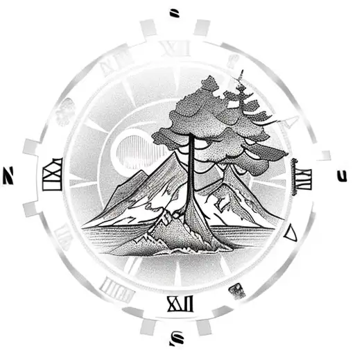 Tattoo design with a compass clock hourglass with trees, mountain, and a river in the background tattoo design idea