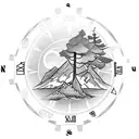 Tattoo design with a compass clock hourglass with trees, mountain, and a river in the background tattoo design idea