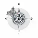 Tattoo design with a compass clock hourglass with trees, mountain, and a river in the background tattoo design idea