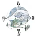 Tattoo design with a compass clock hourglass with trees, mountain, and a river in the background tattoo design idea