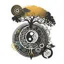 YIN YANG TREE OF LIFE WITH TEXT 369  tattoo design idea