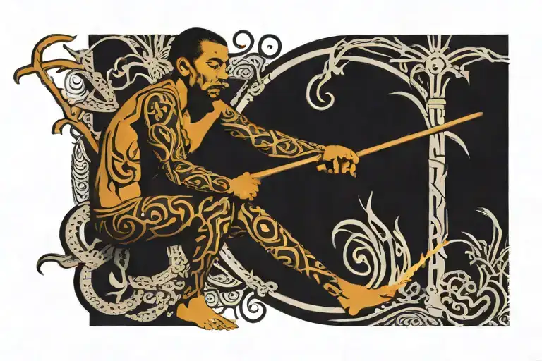 Man doing a pukana while holding a stick figure tattoo design idea