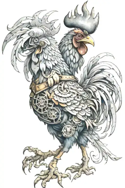 steampunk rooster fighting tattoo design idea