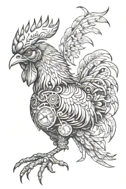 steampunk rooster fighting tattoo design idea