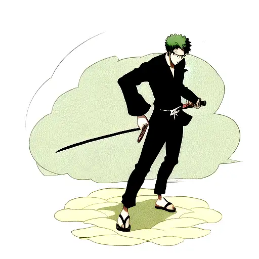roronoa zoro with green hairs and three katanas, with red japan style clouds background, blackwork minimalist  tattoo design idea