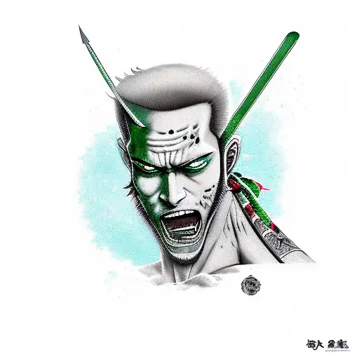 roronoa zoro with green hairs and three katanas full body  tattoo design idea