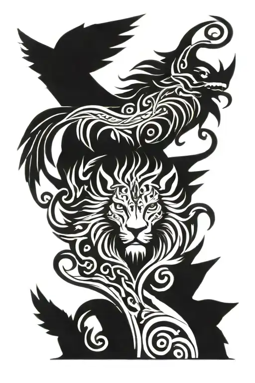 wolf lion phoenix totem pole   tattoo design idea