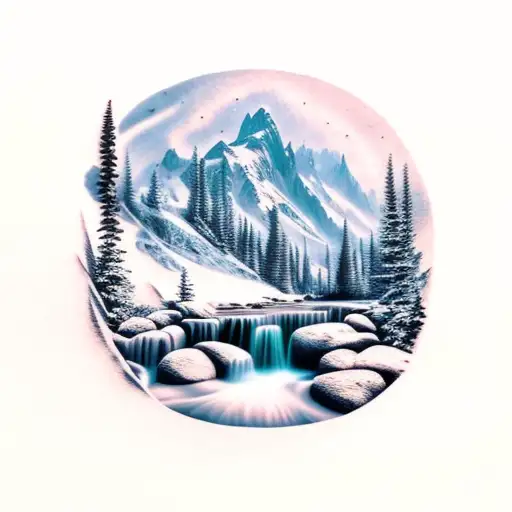 Mountain Scene, Forest, Waterfall, deer tattoo design idea