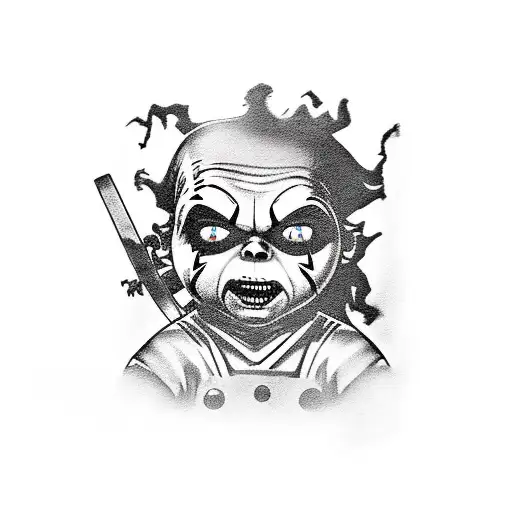 A new-school design of Jason, Michael, ghostface, penny wise, chucky, and leather face as playful cartoon characters celebrating Halloween tattoo design idea