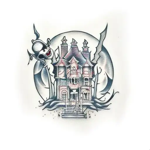 A traditional style tattoo of a haunted house with Jason, Michael, ghostface, penny wise, chucky, leather face, and Freddy lurking in the shadows tattoo design idea