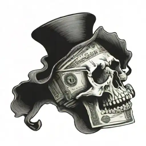 A detailed blackwork tattoo of a stack of cash with a subtle skull motif incorporated, symbolizing the dealer's connection to money and the darker side of their occupation tattoo design idea