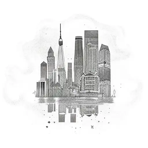 Create a tattoo of a city skyline with a basketball hoop incorporated into the design tattoo design idea