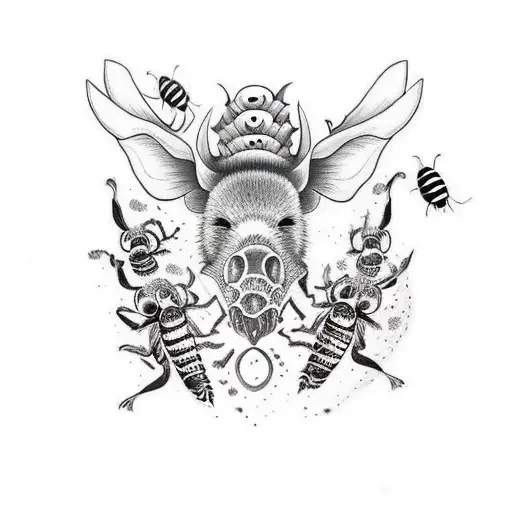 boar skull with wasps tattoo design idea