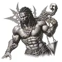 black warrior standing straight up looking up holding libra scale and a cross tattoo design idea