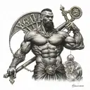 black warrior standing straight up looking up holding libra scale and a cross tattoo design idea