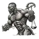 black warrior standing straight up looking up holding libra scale and a cross tattoo design idea