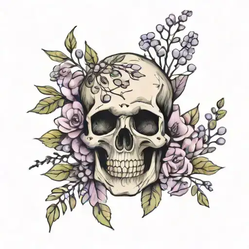 Women's tattoo Acacia twigs with a skull and lilac flowers inside tattoo design idea