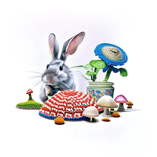 vase, house plants, mushrooms, crochet hat, rabbits, dogs, rats, fish, chinchillas, ceramics tattoo design idea