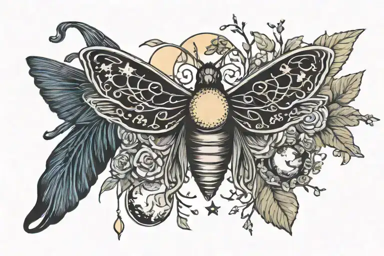 Witchy symbols with moons moths hippie  tattoo design idea
