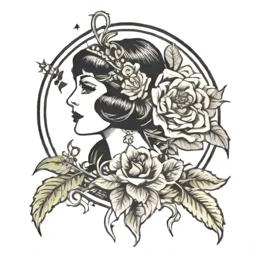 1920s flapper girl witchy hippie flowers moons classic beauty  tattoo design idea