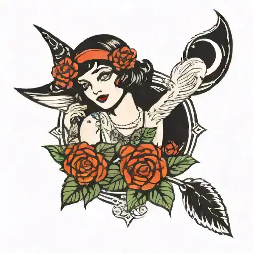 1920s flapper girl witchy hippie flowers moons  tattoo design idea