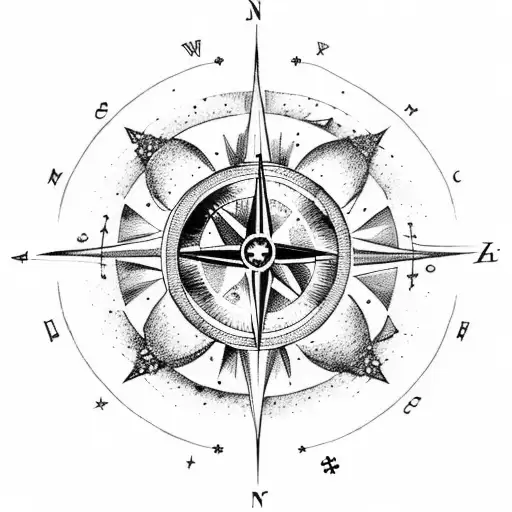 A cosmic-themed compass with celestial elements, adorned with a skull and anchor symbol tattoo design idea
