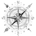 A cosmic-themed compass with celestial elements, adorned with a skull and anchor symbol tattoo design idea