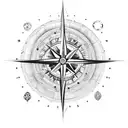 A cosmic-themed compass with celestial elements, adorned with a skull and anchor symbol tattoo design idea