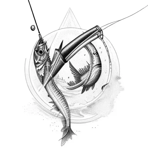 A fishing rod transforming into a quasar tattoo design idea