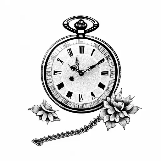 Pocket Watch whit chain and flowers tattoo design idea