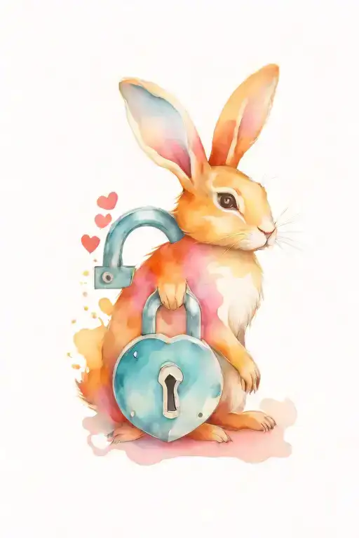 rabbit holding heart shaped lock tattoo design idea