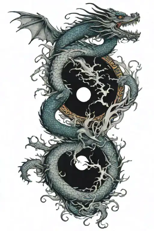 Gemini, yin Yang, dragon, forest, fantasy  tattoo design idea
