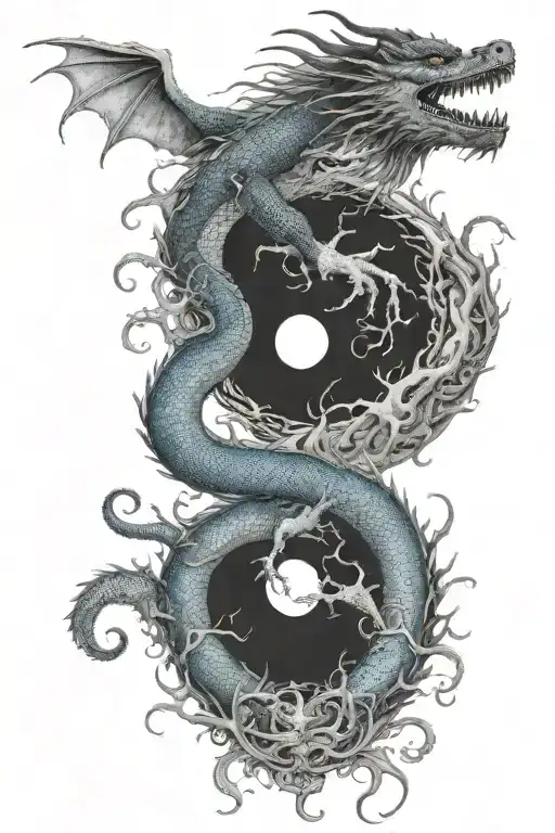 Gemini, yin Yang, dragon, forest, fantasy tattoo design idea