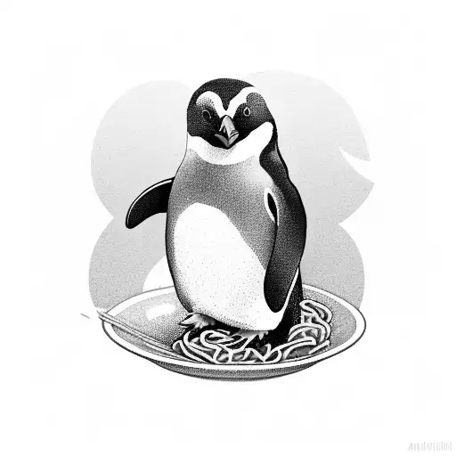 A penguin enjoying a bowl of noodles tattoo design idea