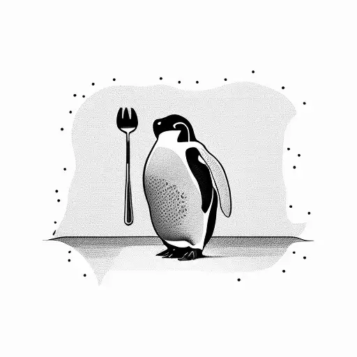 A penguin holding a sign that says 'Will eat for food' tattoo design idea