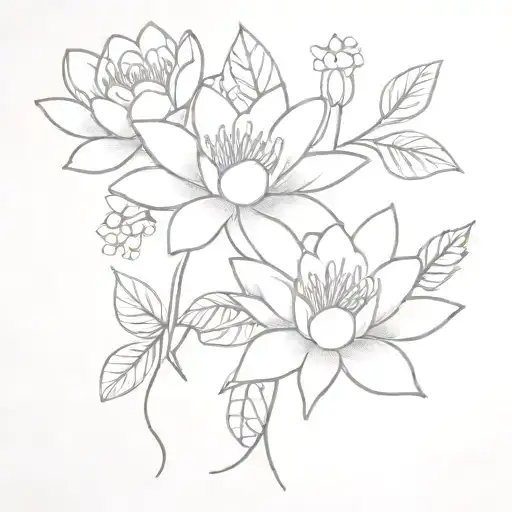 waterlily, holly berry, snow drop, lily of the valley and chrysanthemum flowers  tattoo design idea