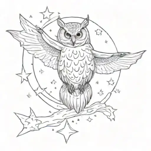 Flying owl and bat through starry sky tattoo design idea