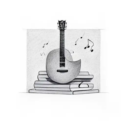 A stack of books forming the shape of a guitar with musical notes coming out of it tattoo design idea