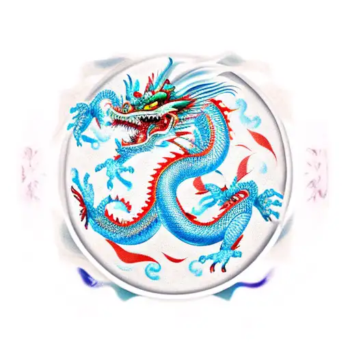 Chinese dragon with a sword doing a loop and in the middle a giant A made out of jems tattoo design idea
