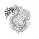 Chinese dragon with a sword doing a loop and in the middle a giant A made out of jems tattoo design idea
