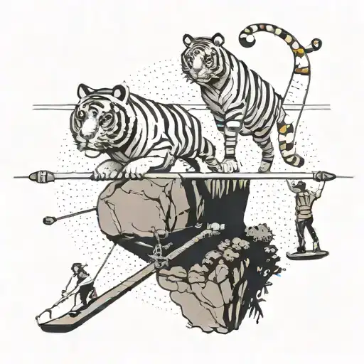 An accountant balancing on a tightrope with a tiger walking beside them tattoo design idea