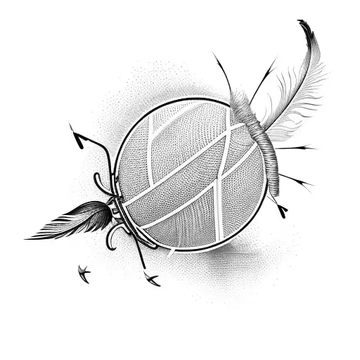 A volleyball with fishing hooks and feathers attached to it tattoo design idea