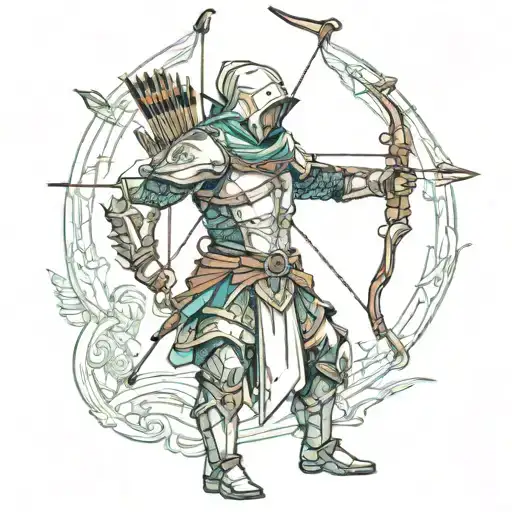 fantasy archer with heavey armor and bow with glowing effect tattoo design idea