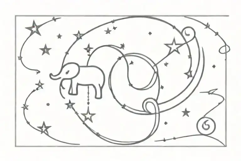 a tiny sun, moon, stars, elephant, letter a, letter m, infinity symbol, heart in a bracelet form tattoo design idea