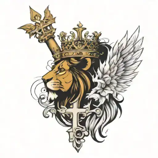 god cross lion crown angels  tattoo design idea