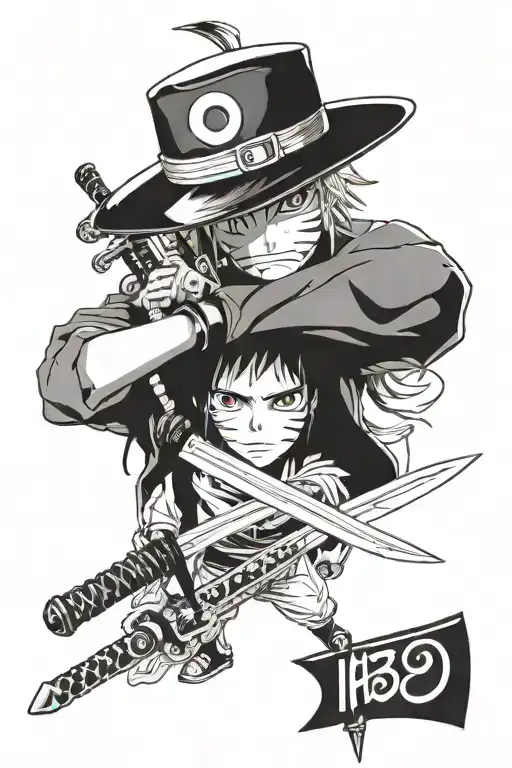 a sword from Bleach, a hat from Van Pees, a headband from Naruto tattoo design idea